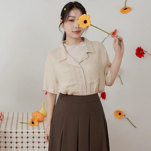 Cuban Collar Crinkled Texture Large Pocket Plus Size Shirt