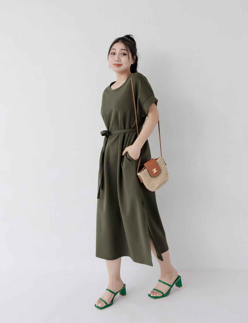 Casual Crew Neck Waist Tie Plus Size Maxi Dress