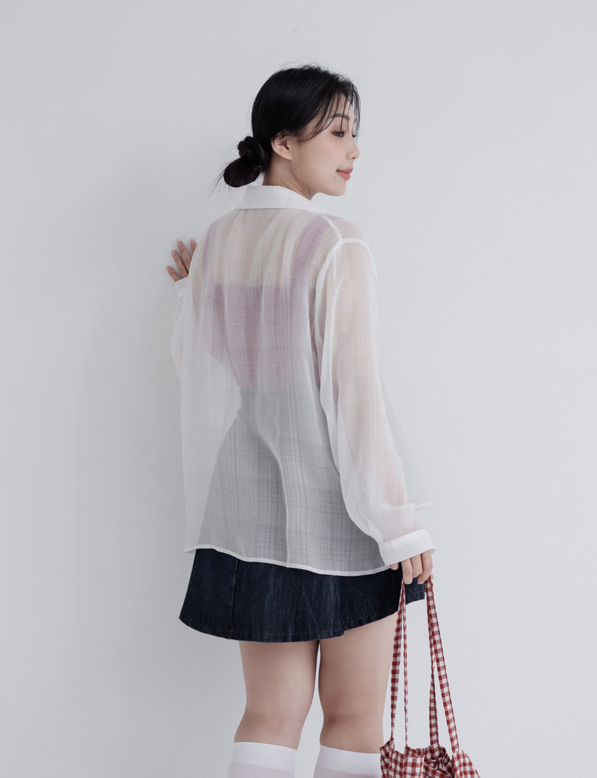 Crinkled Texture Sheer Plaid Plus Size Long Sleeve Shirt