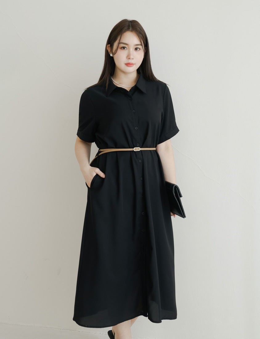 MISS. Button Twill Collar Plus Size Short Sleeve Dress (with Belt)