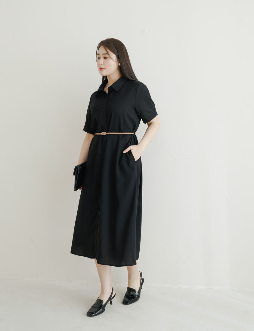 MISS. Button Twill Collar Plus Size Short Sleeve Dress (with Belt)