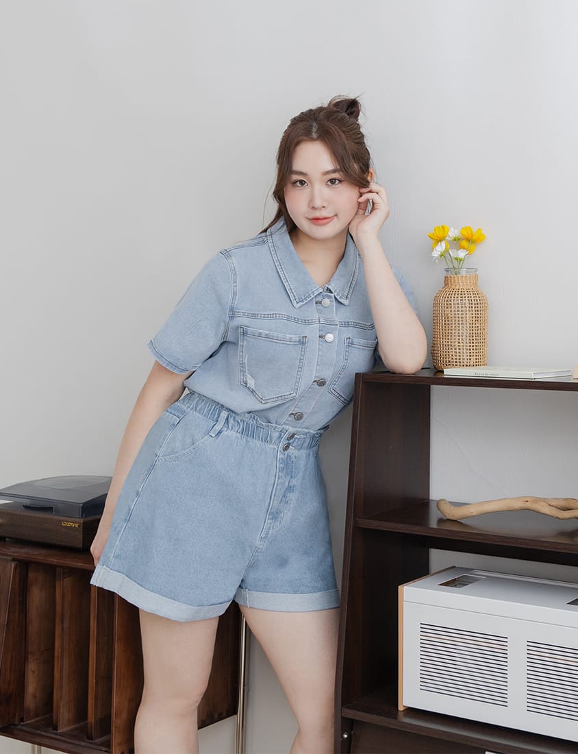 Versatile Pocket Distressed Plus Size Denim Jacket
