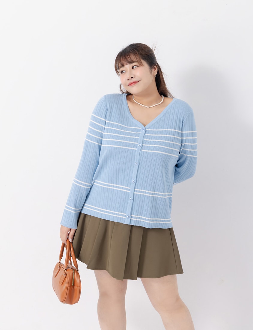 MISS. Contrast Stripe Ice Silk Plus Size Knit Cardigan