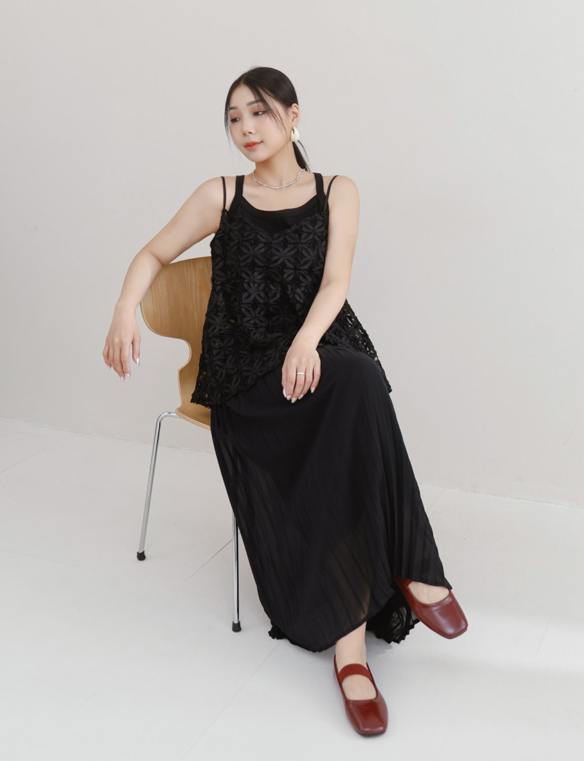 MISS. Elegant Fine-Pleated Double Layer Sheer Plus Size Maxi Skirt