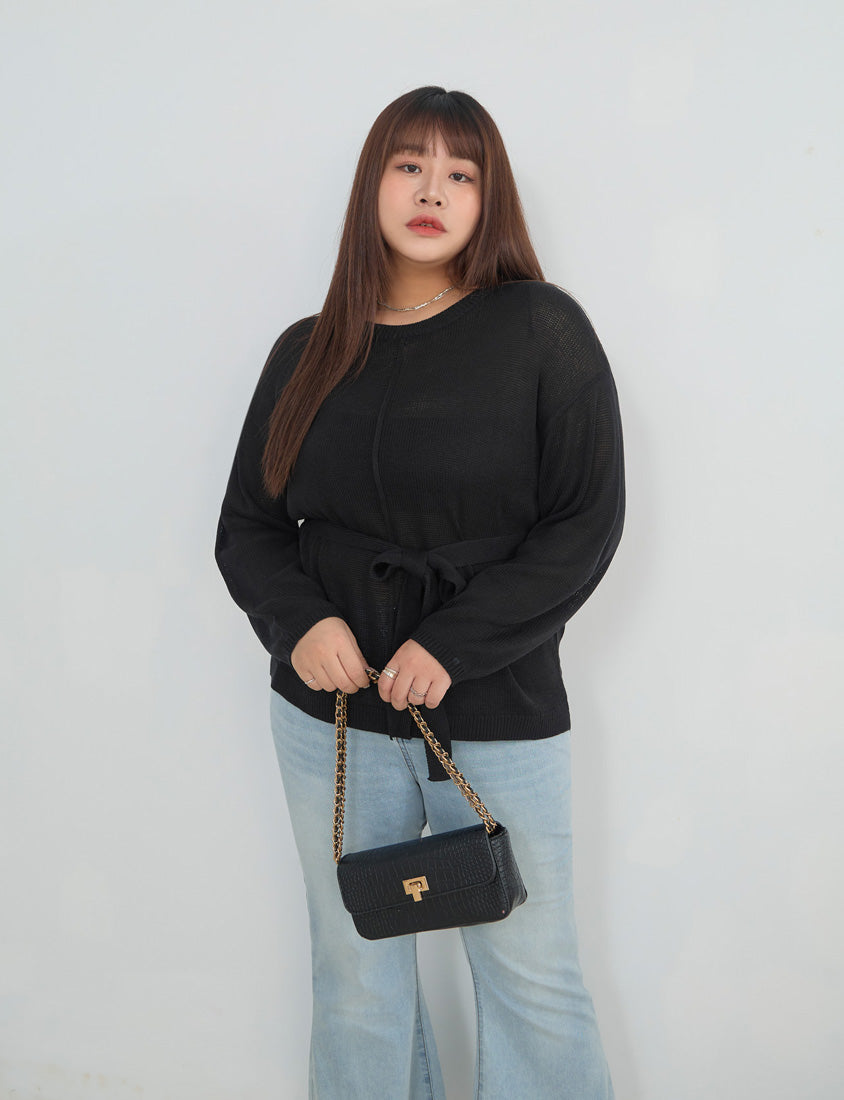 MISS. Korean Sheer Knit Plus Size Long Sleeve Top (with Waist Tie)