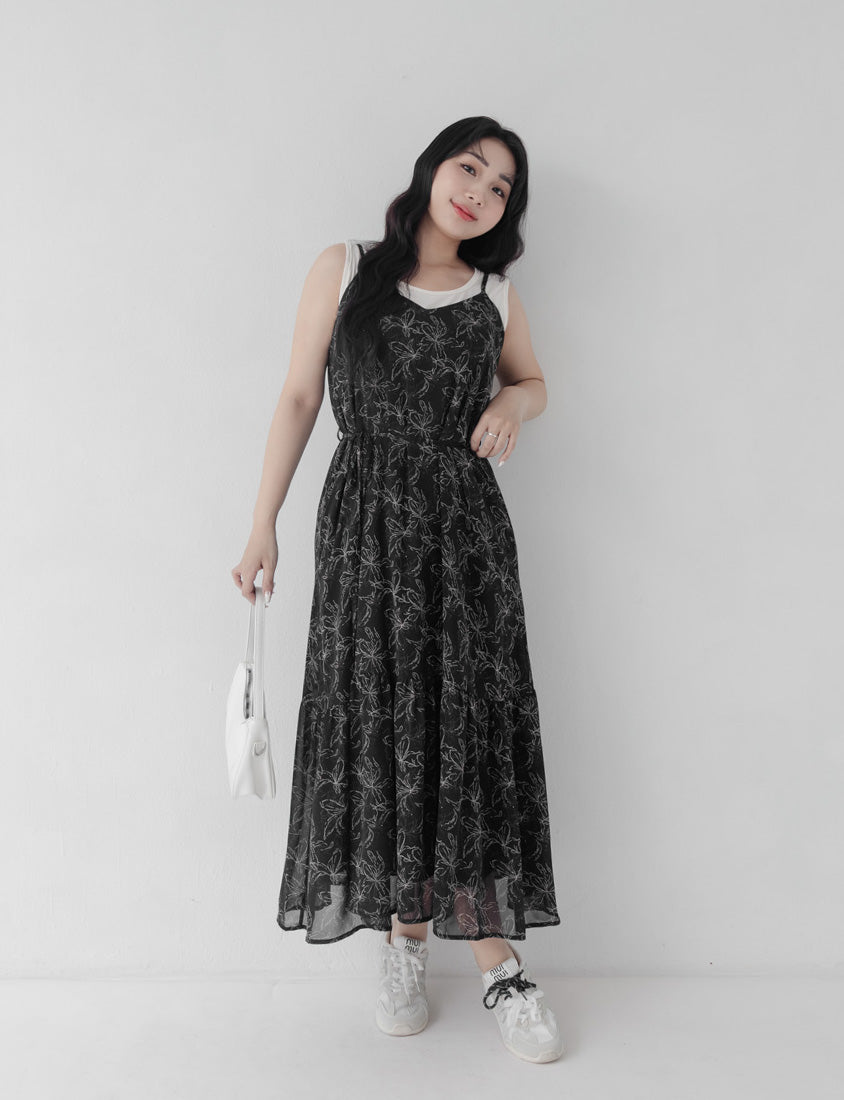 Adjustable Hand-Painted Floral Cami Dress (with Waist Tie)