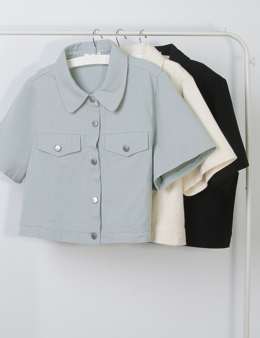 Korean Style Twill Button-Down Plus Size Short Sleeve Jacket