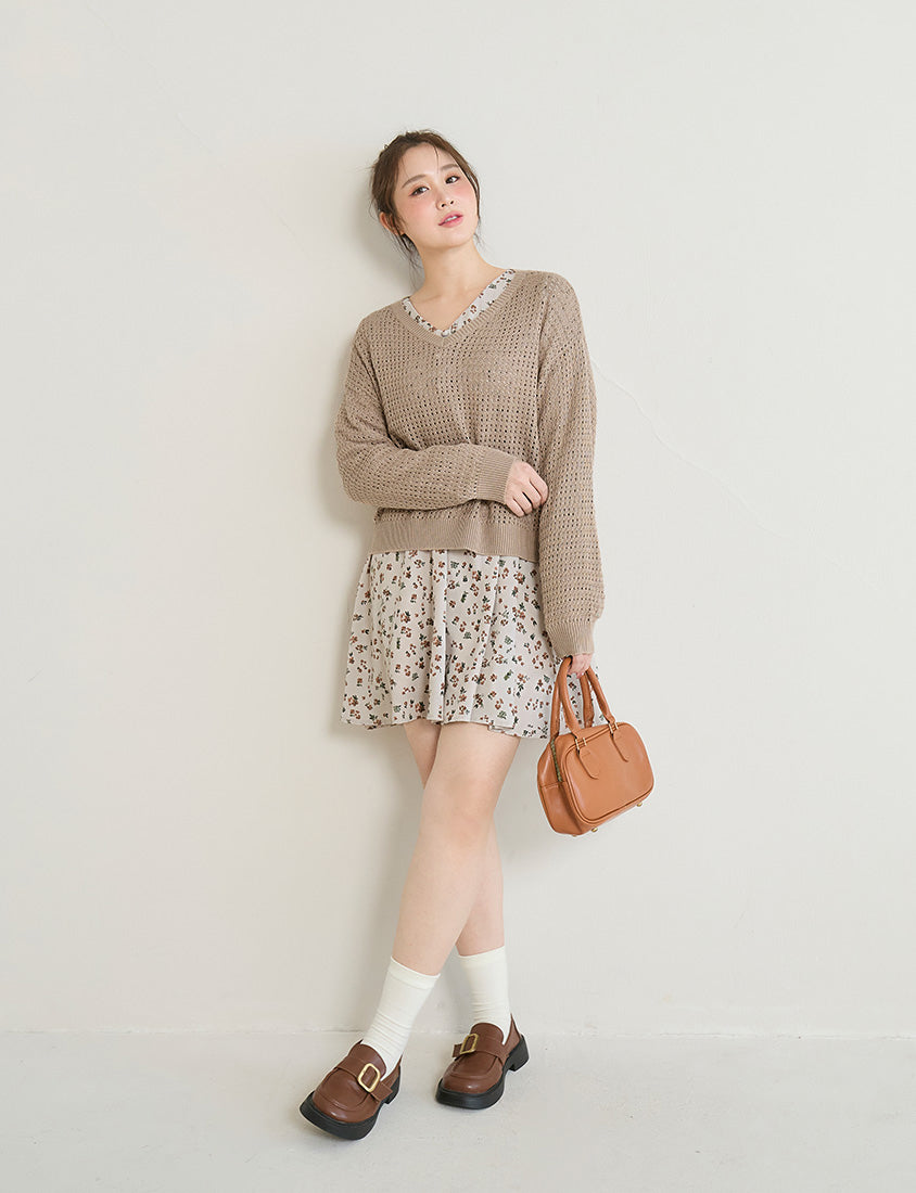 Anti-Pilling V-Neck Eyelet Plus Size Knit Top