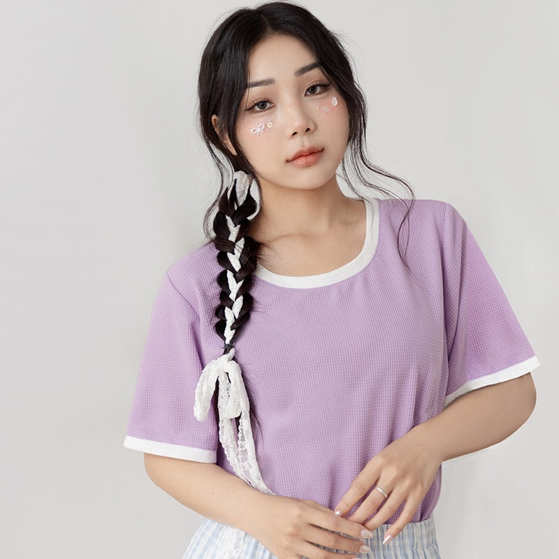 Colorblock Waffle Heart Embroidery Plus Size Top