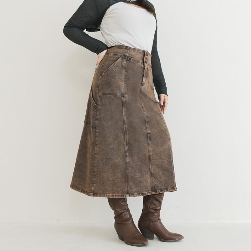 MUA! Ultra-Stretch Back Slit High-Waist Washed Denim Plus Size Maxi Skirt