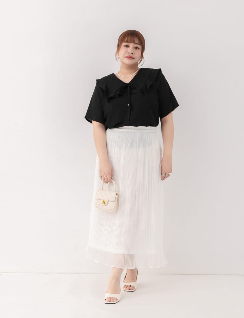 MISS. Heart Buttons Front Tie Ruffle Collar Plus Size Blouse