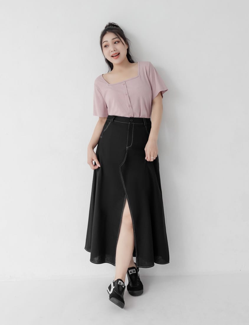 Multi-Color Ribbed Square Neck Faux Button Plus Size Top