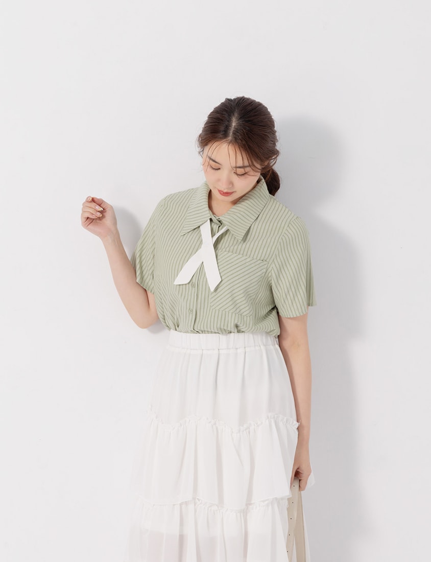 MISS. Preppy Contrast Stripe Plus Size Short Sleeve Shirt (With Neck Tie)