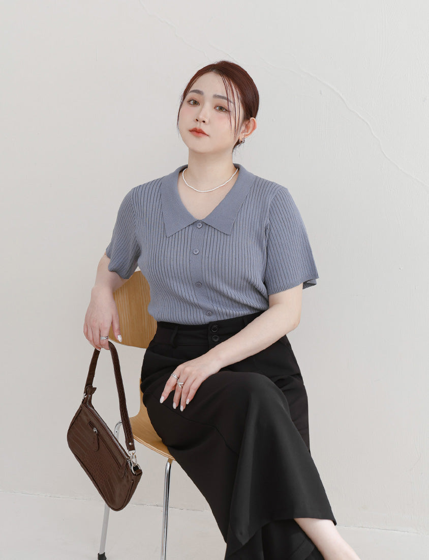 MISS. Versatile Icy Silk Faux Button Collar Plus Size Top