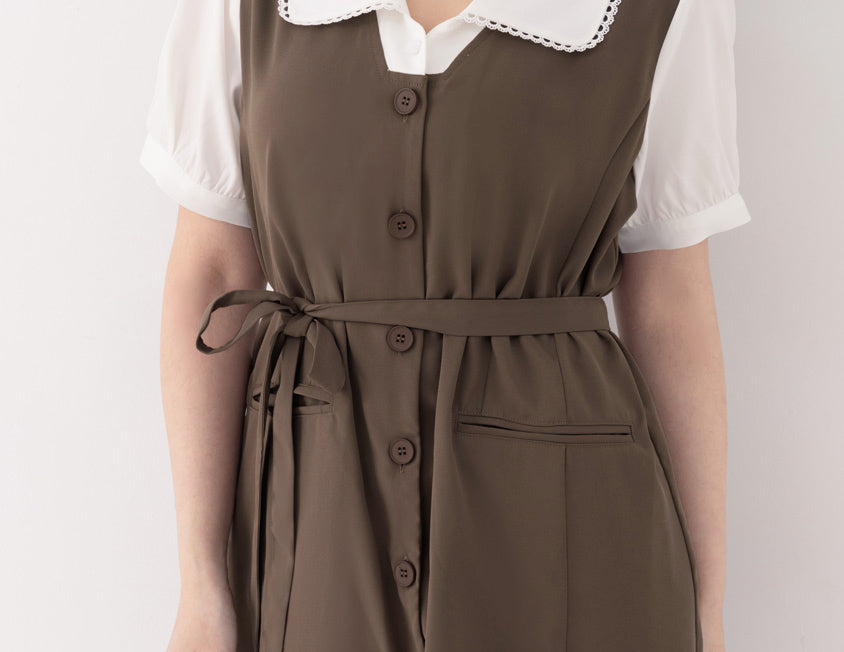 MISS. Elegant Lace Collar Plus Size Puff Sleeve Dress (With Waist Tie)