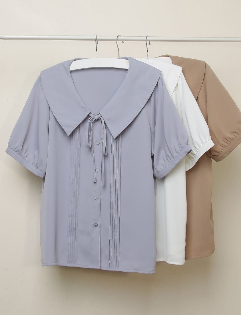 MISS. Sweet Pleated Lapel Collar Plus Size Puff Sleeve Blouse