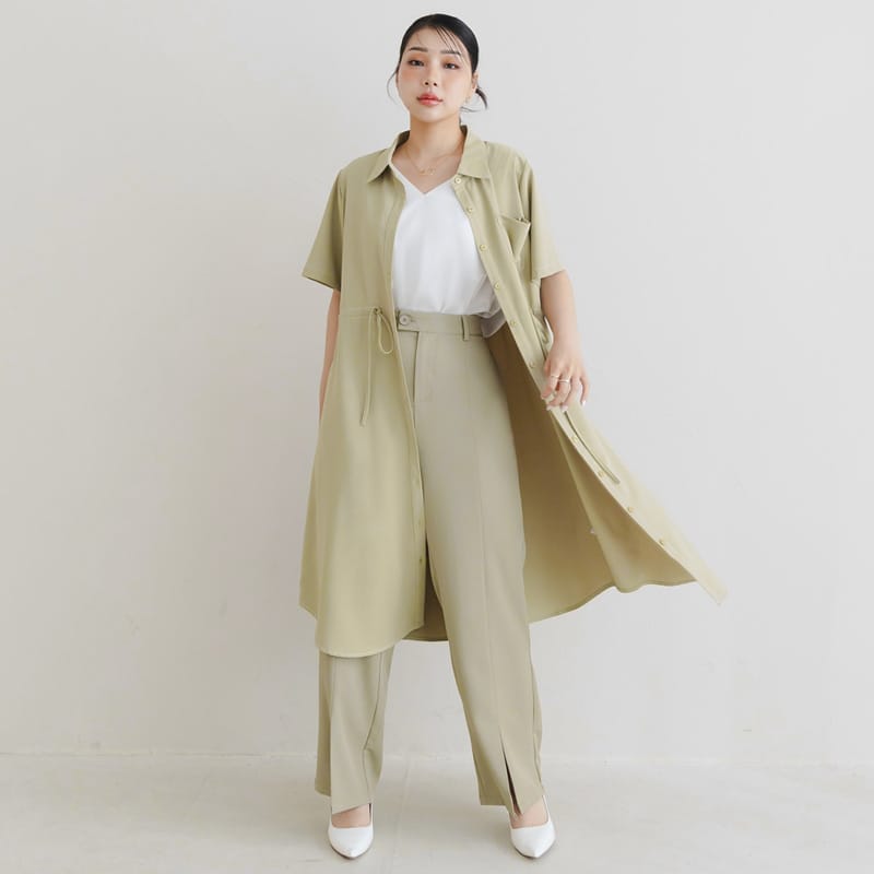MISS. Contrast Stitch Drawstring Long Plus Size Shirt