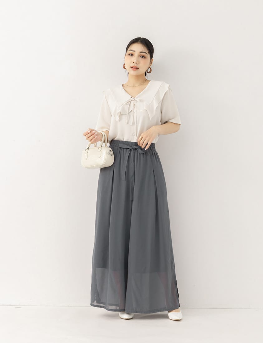 MISS. Heart Buttons Front Tie Ruffle Collar Plus Size Blouse