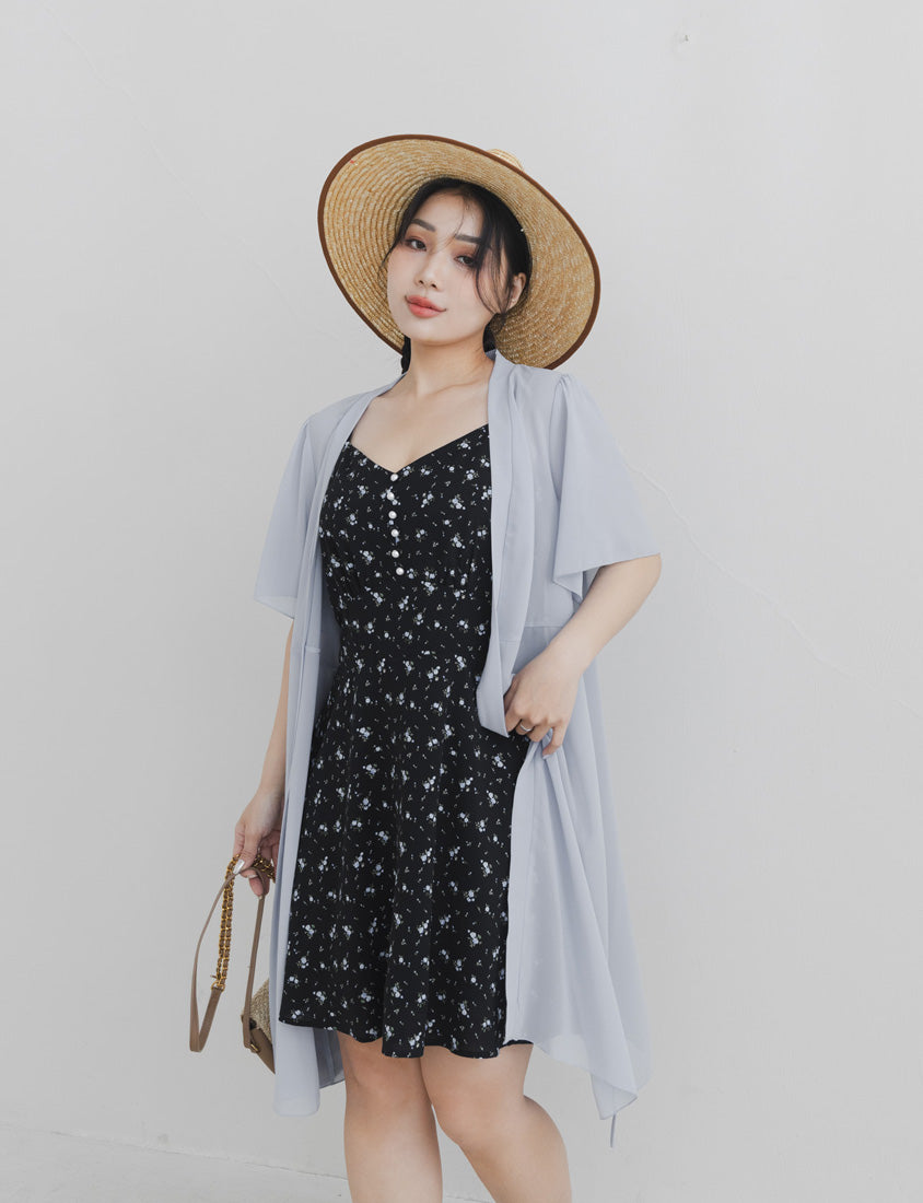 Adjustable Pearl Button Floral Plus-Size Mini Dress