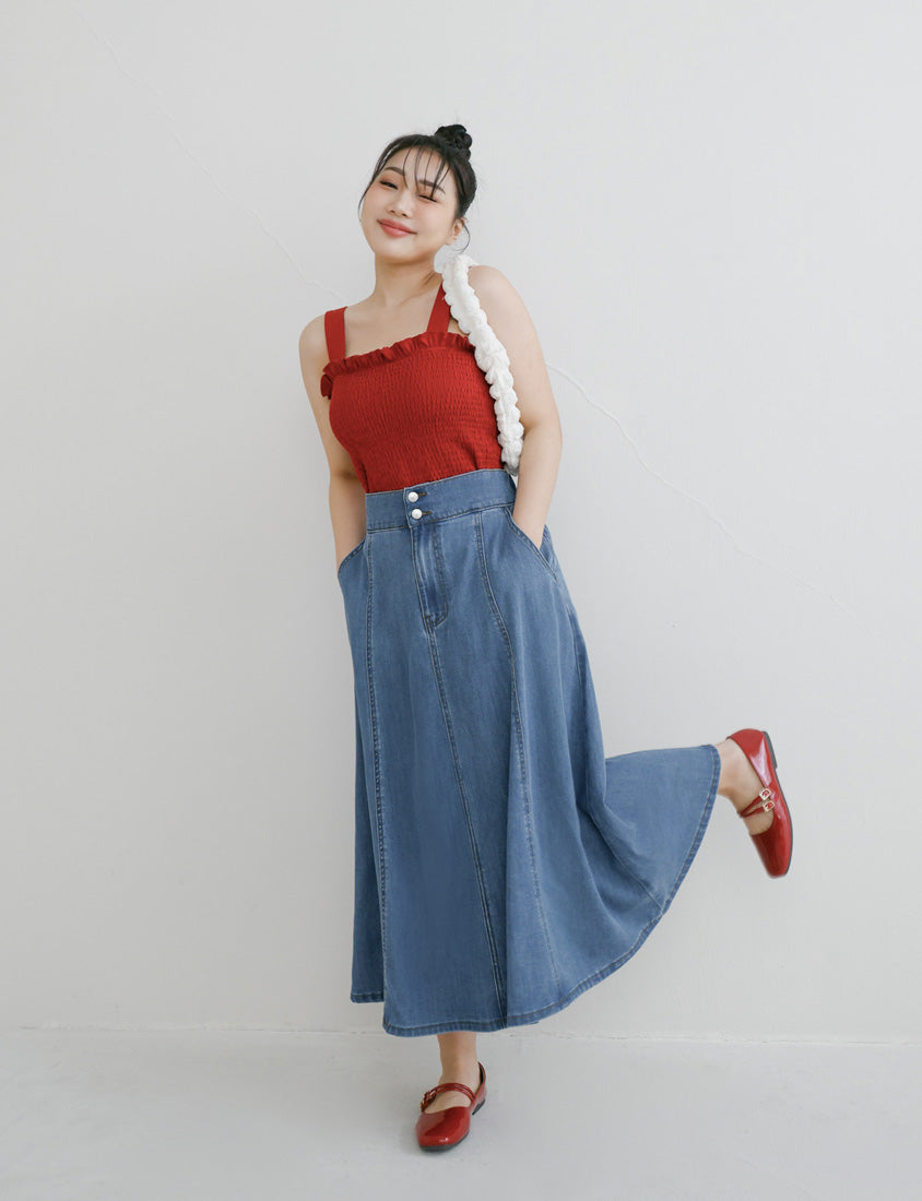 Lyocell Silky Denim Elastic Back Flare Plus Size Maxi Skirt