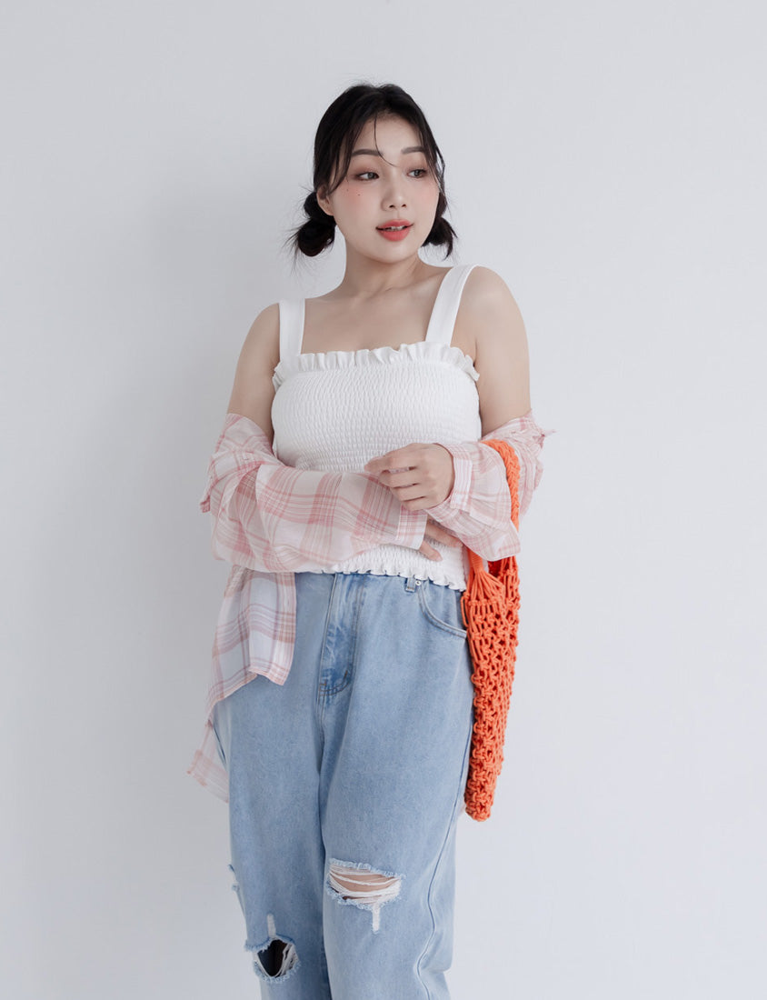 Crinkled Texture Sheer Plaid Plus Size Long Sleeve Shirt