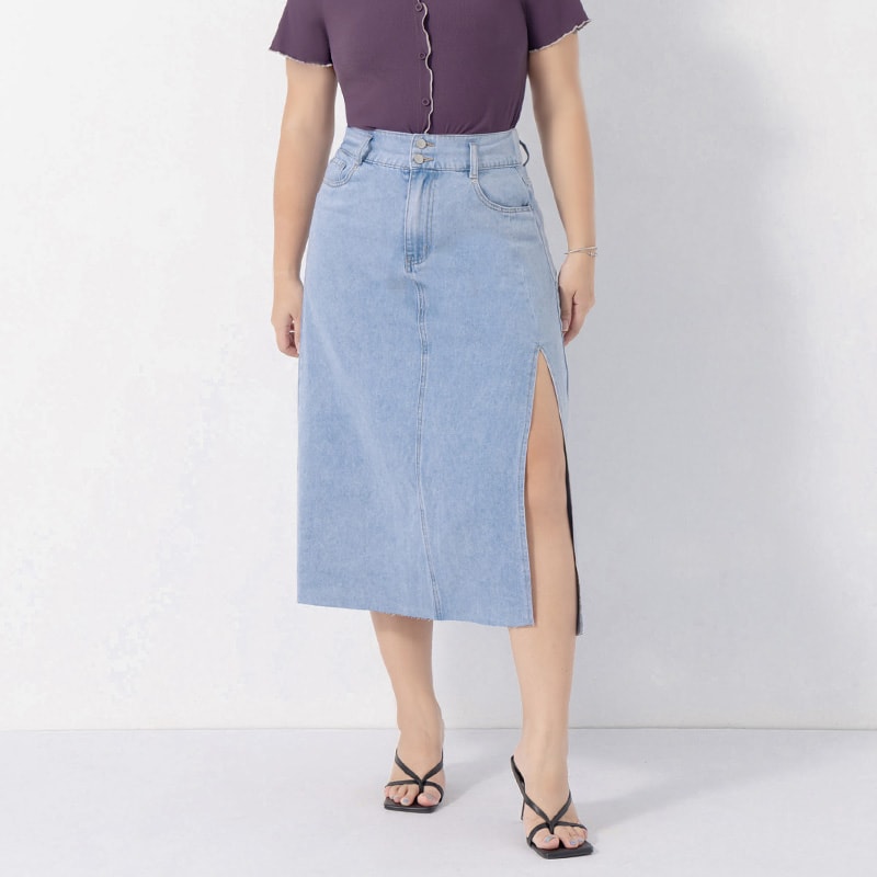 MUA! Front Slit High-Waist Denim A-Line Plus Size Maxi Skirt