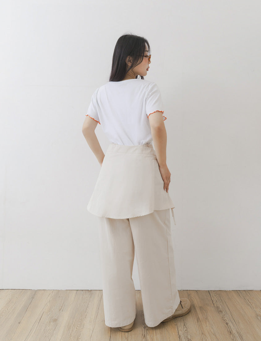 Layered Twill Plus Size Wide-Leg Pants (with Skirt Panel)