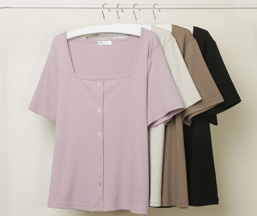 Multi-Color Ribbed Square Neck Faux Button Plus Size Top