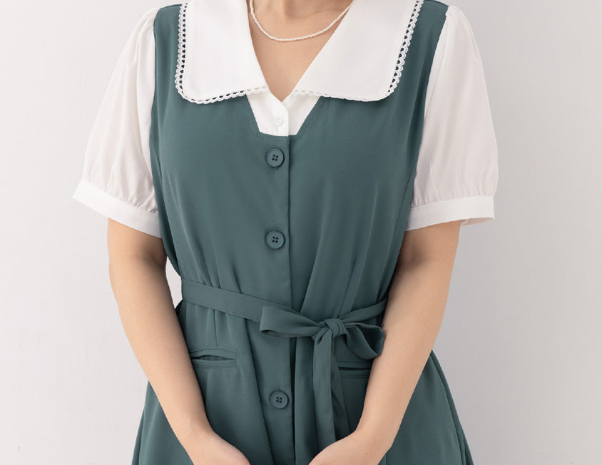 MISS. Elegant Lace Collar Plus Size Puff Sleeve Dress (With Waist Tie)