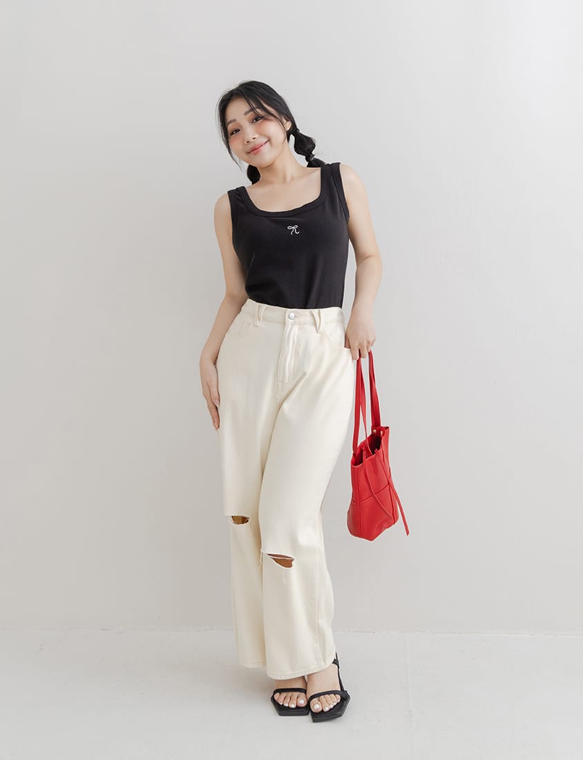 Crew Neck Bow Tie Embroidered Plus Size Cami