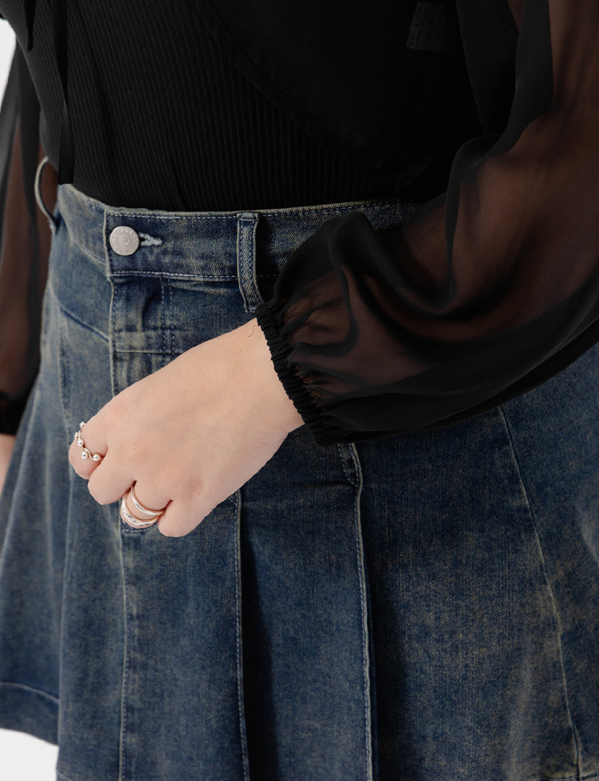 Japanese Style Puff Sleeve Tie Sheer Cropped Plus Size Cover-Up