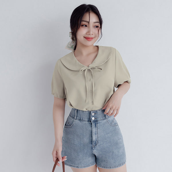 Sweet Front-Tie Oversized Plus Size Collar Blouse