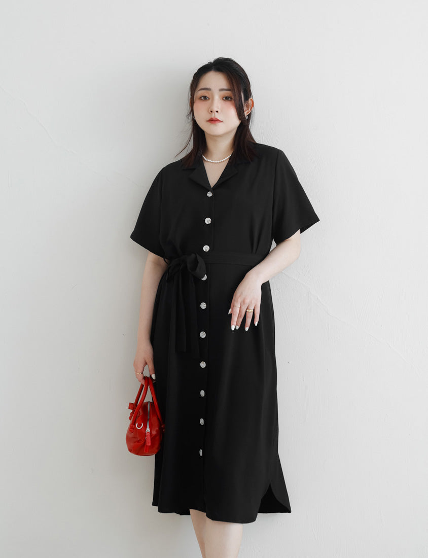 MISS. Cuban Collar Chiffon Button Short Sleeve Dress (with Waist-Tie )