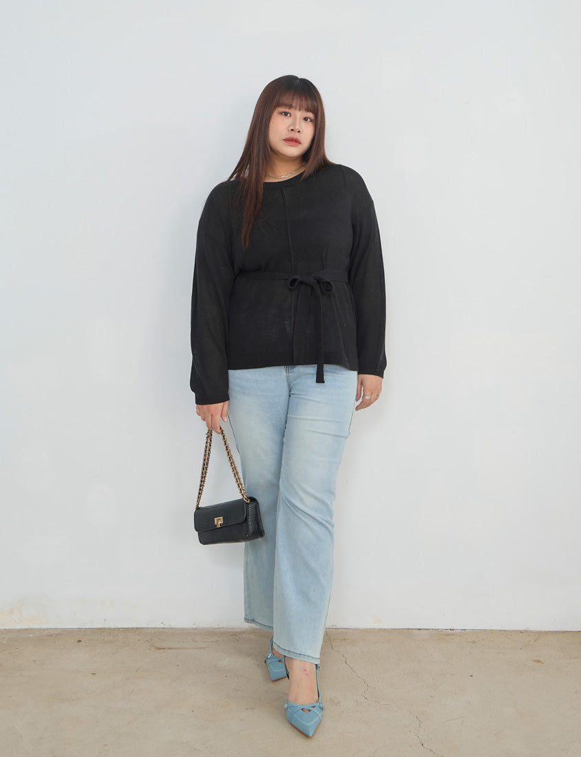 MISS. Korean Sheer Knit Plus Size Long Sleeve Top (with Waist Tie)