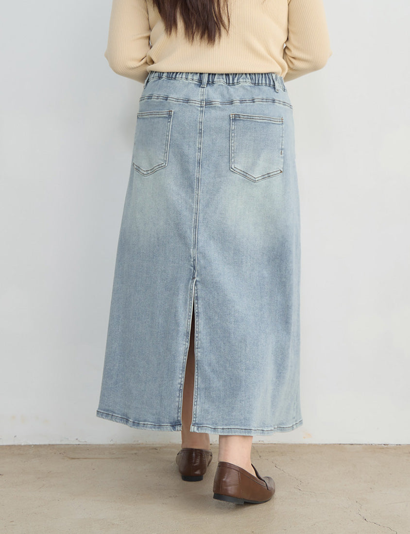 Apple-Shaped Friendly! Perfect Fit Back Slit Plus Size Denim Maxi Skirt