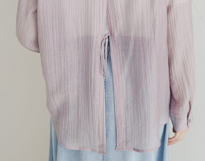 Crinkled Texture Sheer Tie-Back Plus Size Long Sleeve Shirt