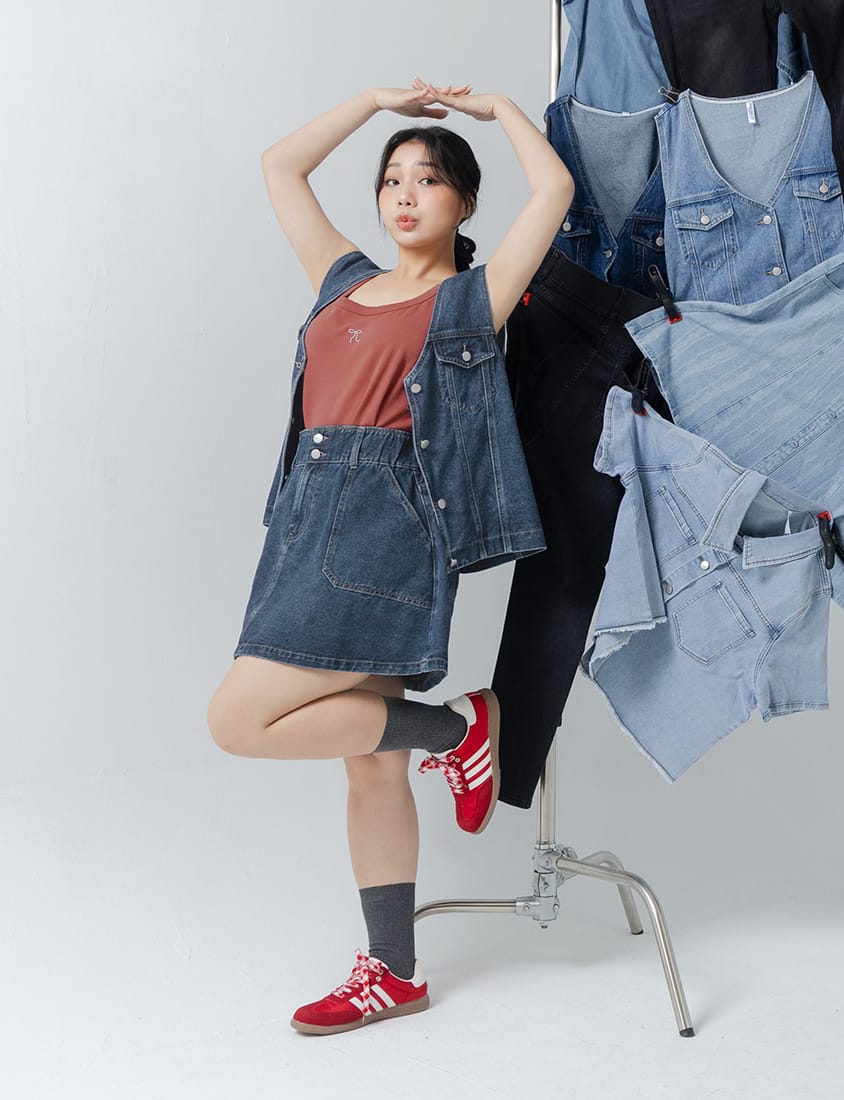 Waist-Cinching A-Line Plus Size Denim Skirt (With Shorts)