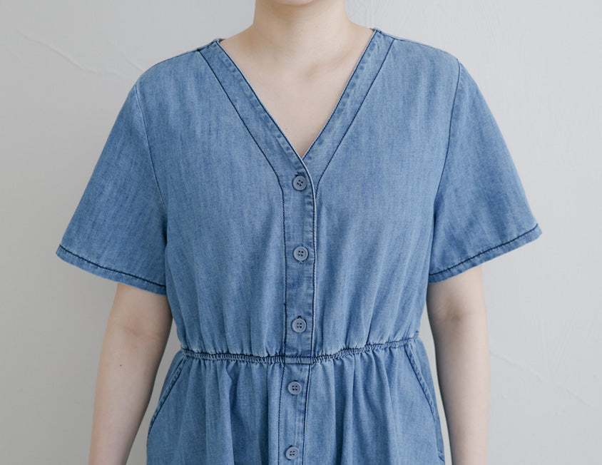 V-Neck Lightweight Denim Elastic Waist Button Plus Size Mini Dress