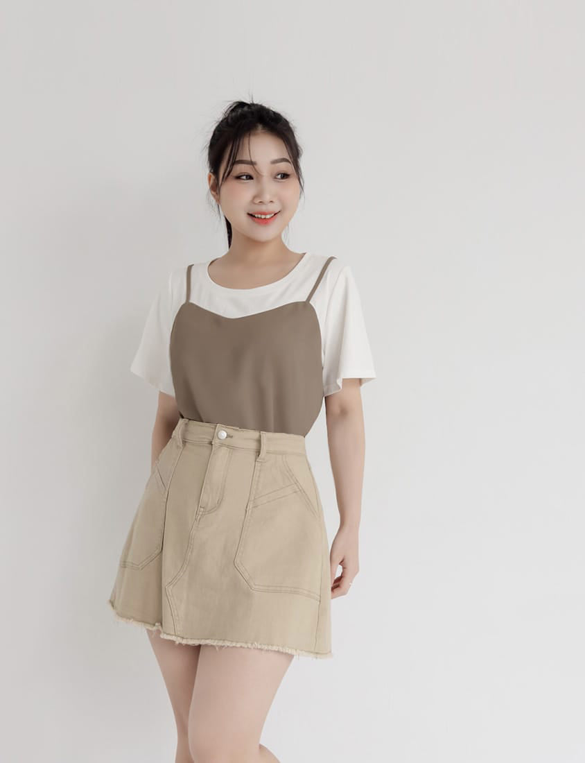Pocket Twill Cotton Frayed Hem Plus Size Mini Skirt (With Inner Shorts)