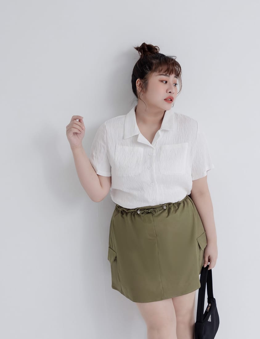 Cuban Collar Crinkled Texture Large Pocket Plus Size Shirt
