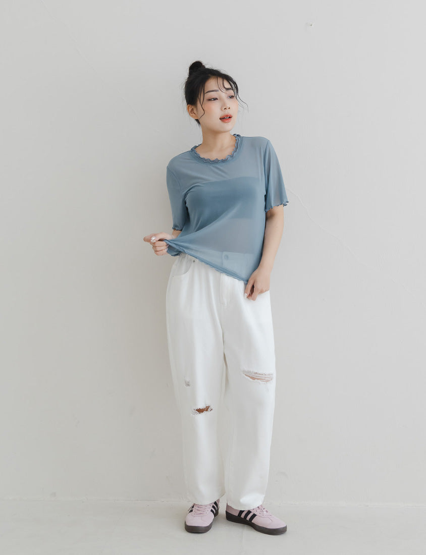 Double Layered Ruffle Sheer Stretch Plus Size Top