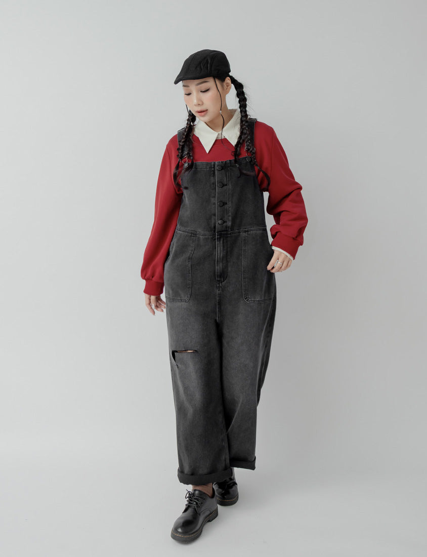 Distressed Button-Up Plus Size Denim Overalls