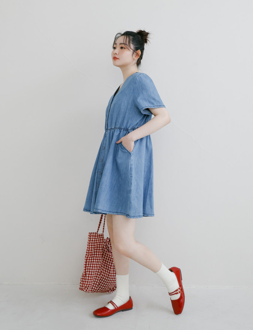 V-Neck Lightweight Denim Elastic Waist Button Plus Size Mini Dress