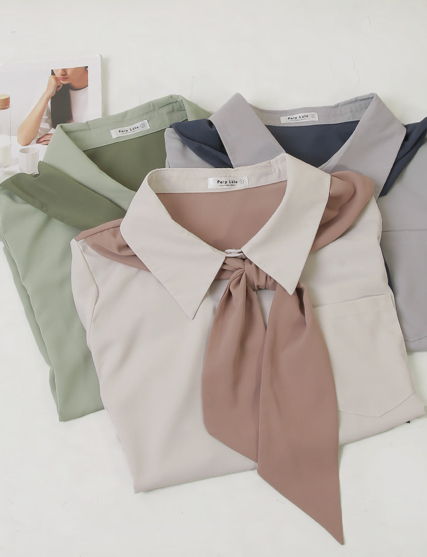MISS. Faux Two-Piece Color-Block Bow Puff Sleeve Plus Size Blouse