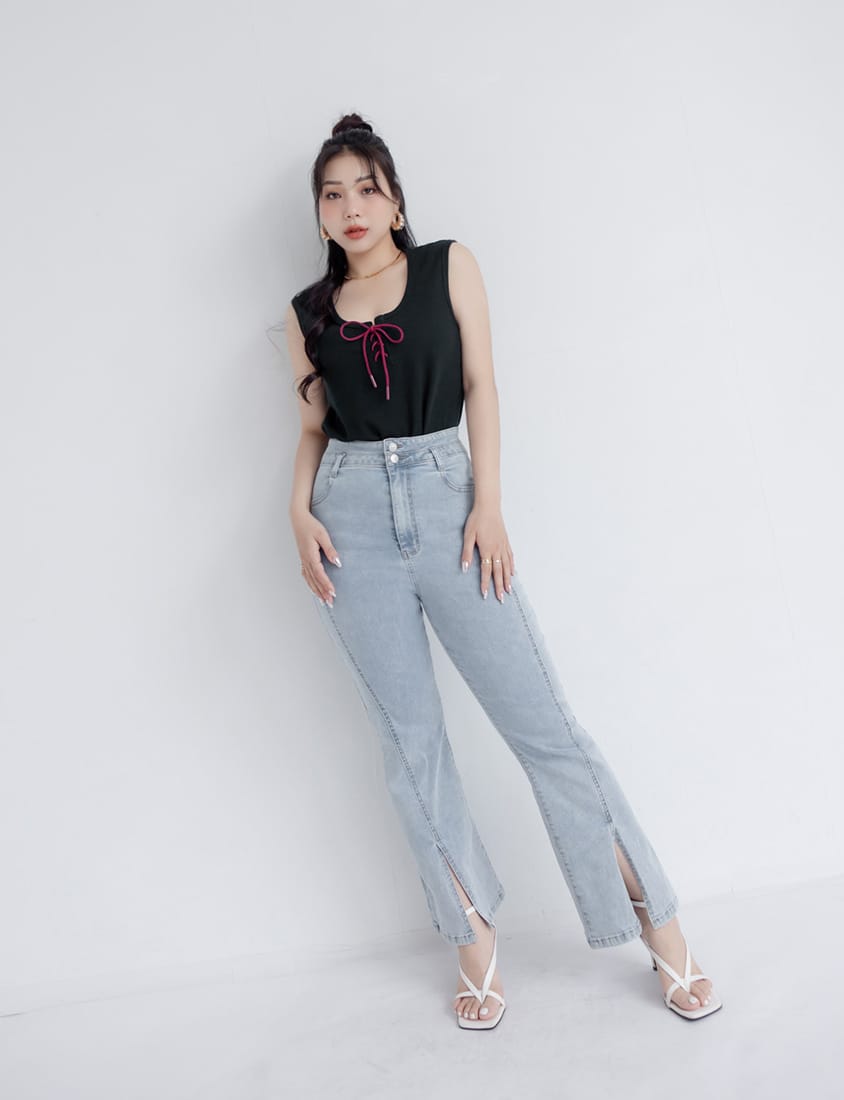 MUA! Snatched Waist Slim Fit Front Slit Plus Size Flare Jeans