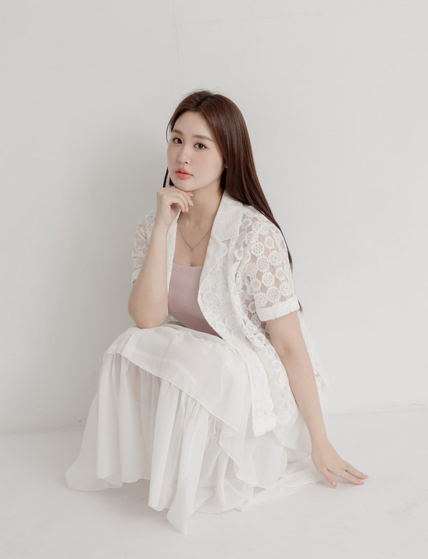 MISS. Cuban Collar Lace Eyelet Plus Size Shirt