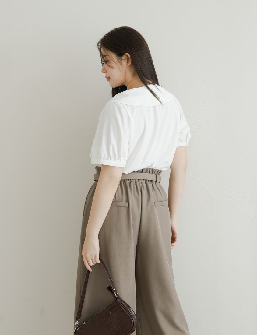MISS. Sweet Pleated Lapel Collar Plus Size Puff Sleeve Blouse