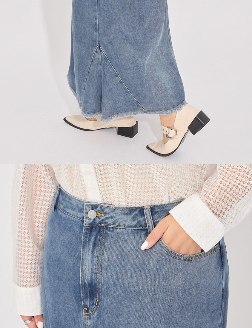 MORE U Cooling Silky Denim Slit Plus Size Mermaid Skirt
