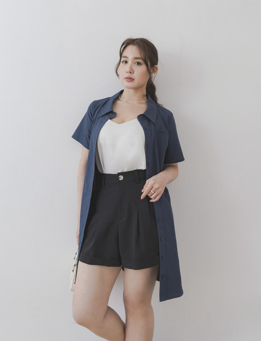 MISS. Korean-Style Button-Front Contrast Stitch Plus Size Dress (with Waist Tie)