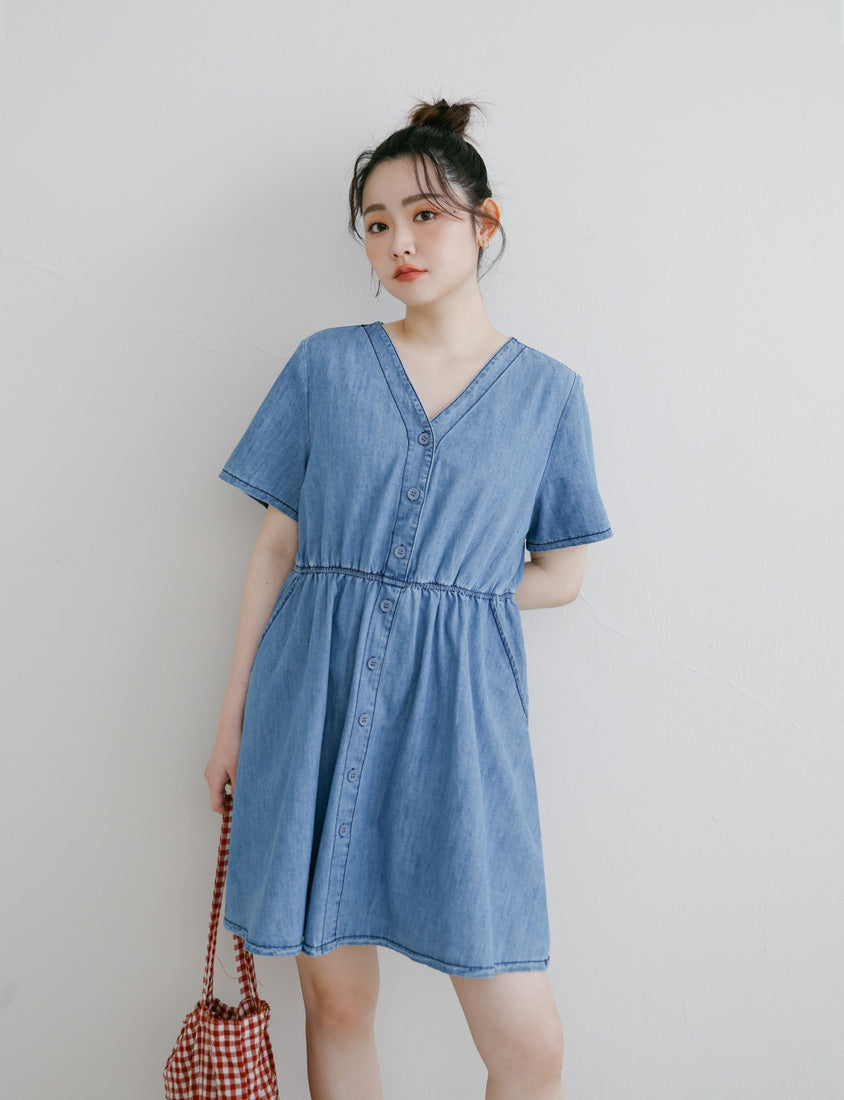 V-Neck Lightweight Denim Elastic Waist Button Plus Size Mini Dress
